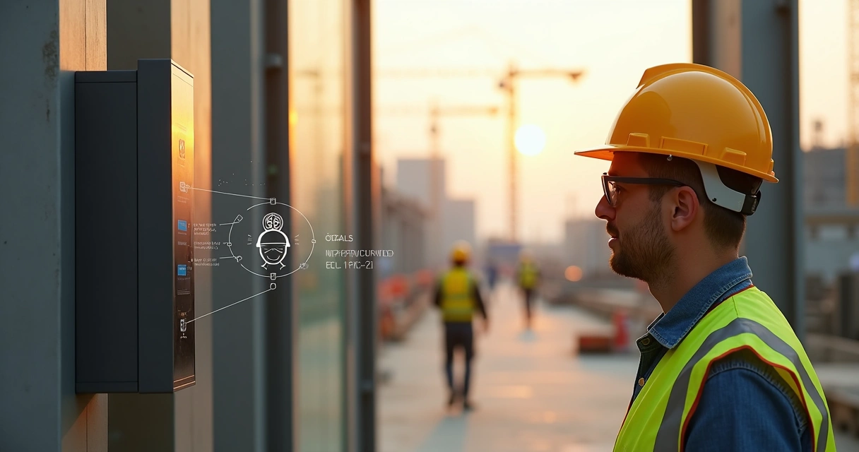 Trabalhador encostando capacete com sensor em terminal biométrico de acesso na entrada da obra 