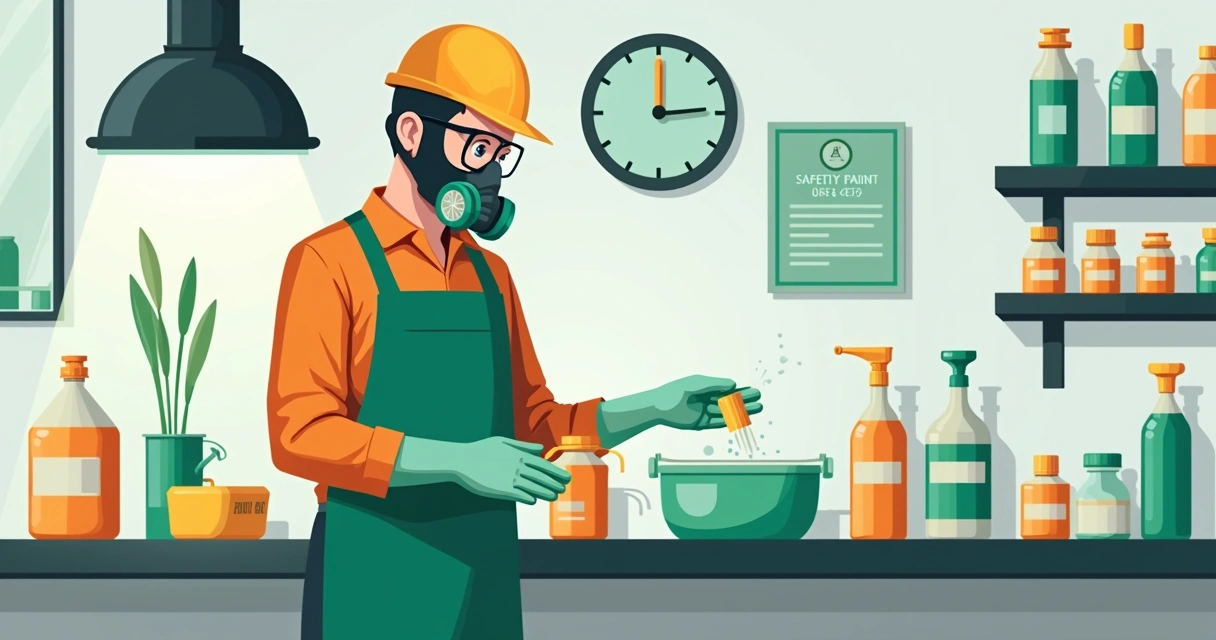 Trabalhador usa respirador e luvas manuseando solventes. 