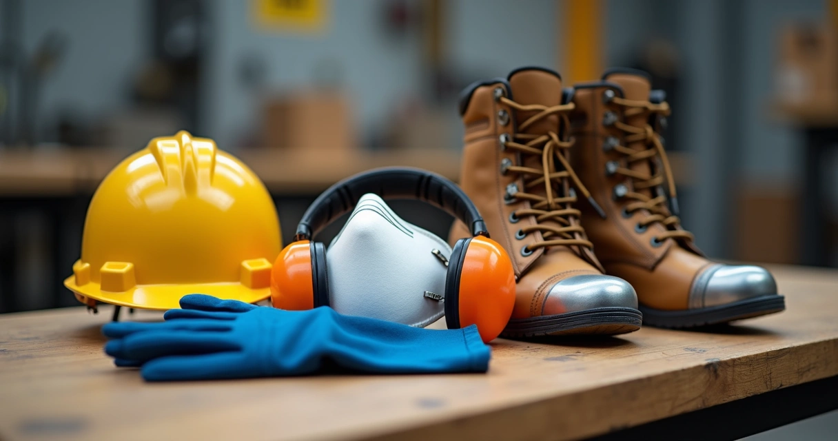 Diferentes tipos de equipamentos de proteção individual como capacete, luvas, máscara e protetores auditivos sobre uma mesa de trabalho organizada 