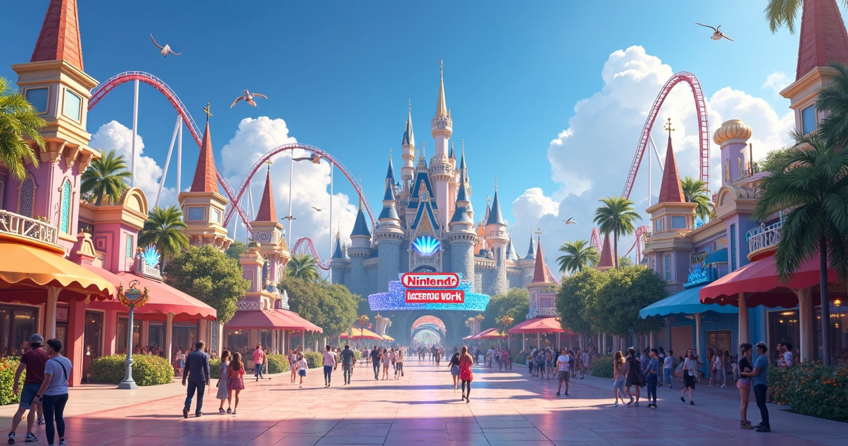 Visão panorâmica ilustrada do Epic Universe em Orlando com áreas temáticas futuristas e coloridas 