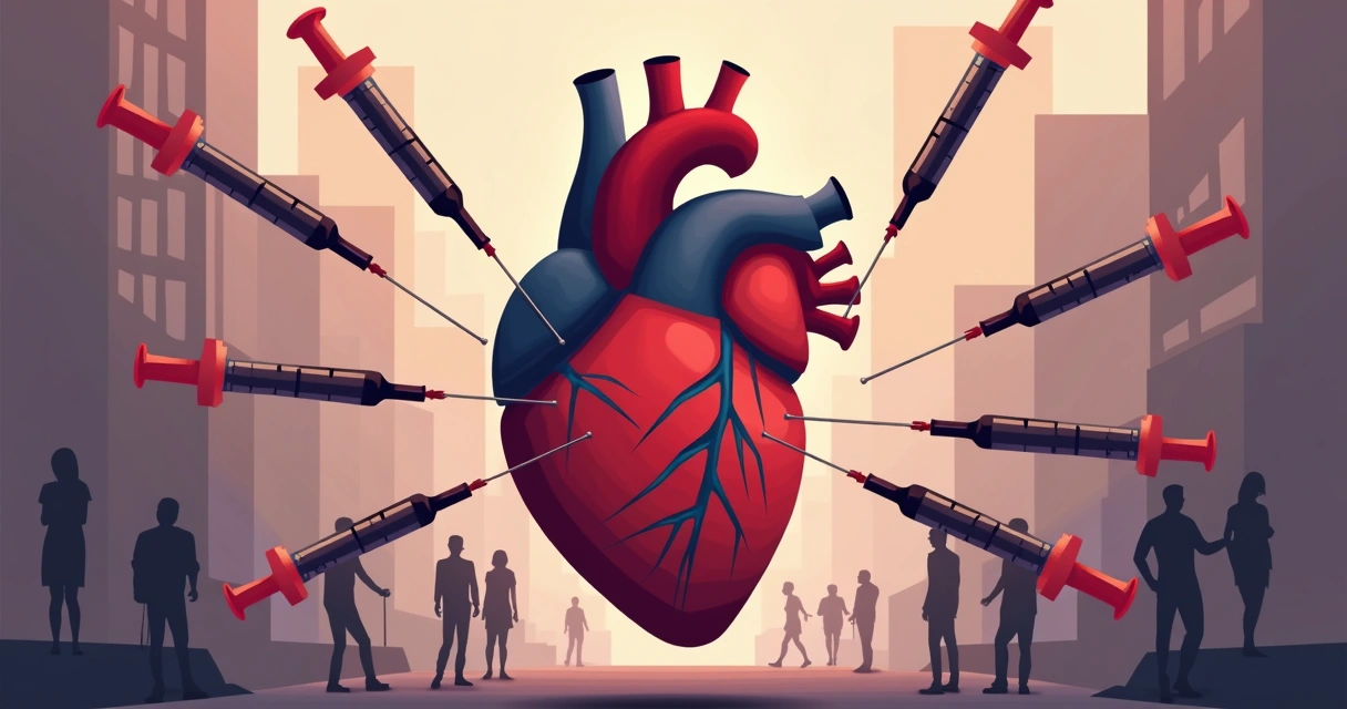 Aspectos clínicos da endocardite fúngica em usuários de drogas 1 Ilustração colorida destacando seringas, coração anatomico e símbolos de alerta