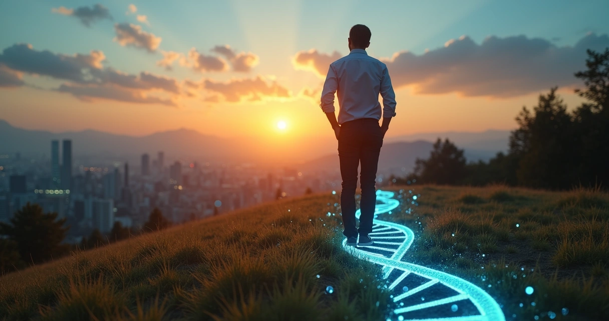 Profissional contempla trilha luminosa em forma de DNA entre cidade e natureza 