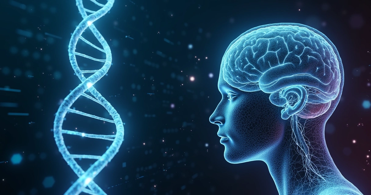 Cerebro humano conectado a doble hélice de ADN luminoso 