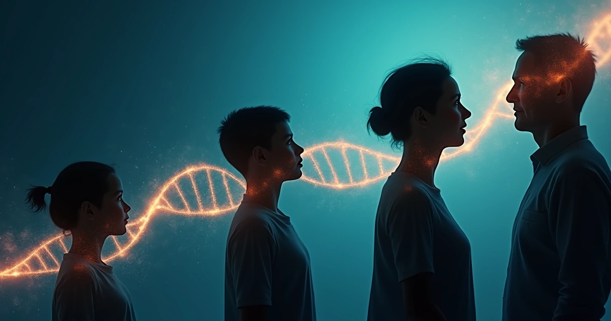 Collage showing three generations connected by glowing DNA strand and subtle emotional symbols 