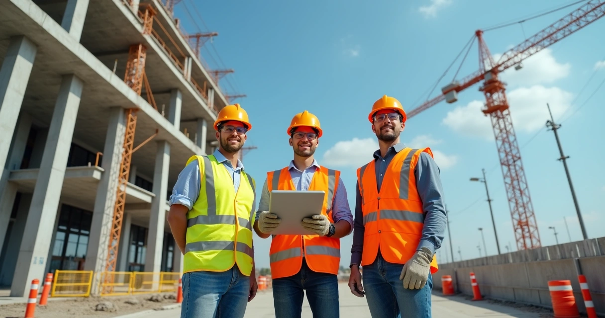 Trabalhadores da construção usando EPIs obrigatórios em uma obra 