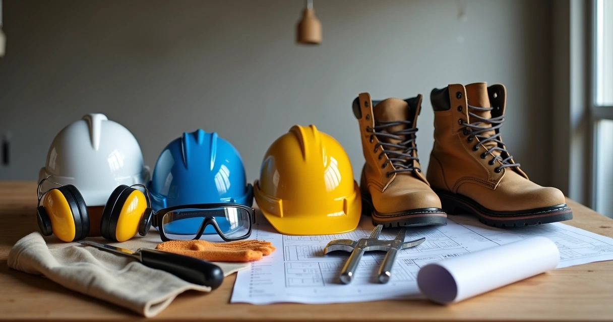 Diversos equipamentos de proteção individual alinhados em mesa. 