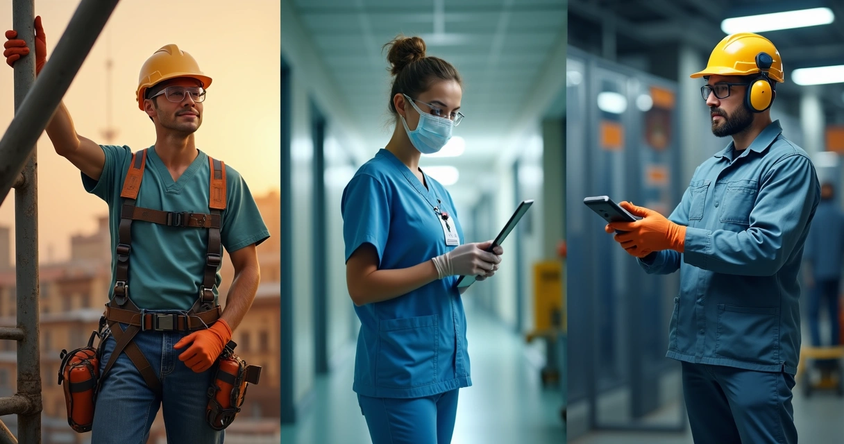 Vários tipos de EPI em diferentes ambientes de trabalho, como obra, hospital, e indústria 