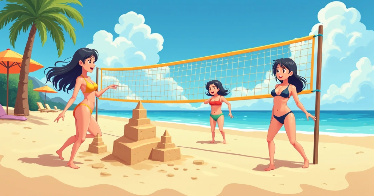 Cena de personagens de anime se divertindo em uma praia ensolarada, sem ação na história 