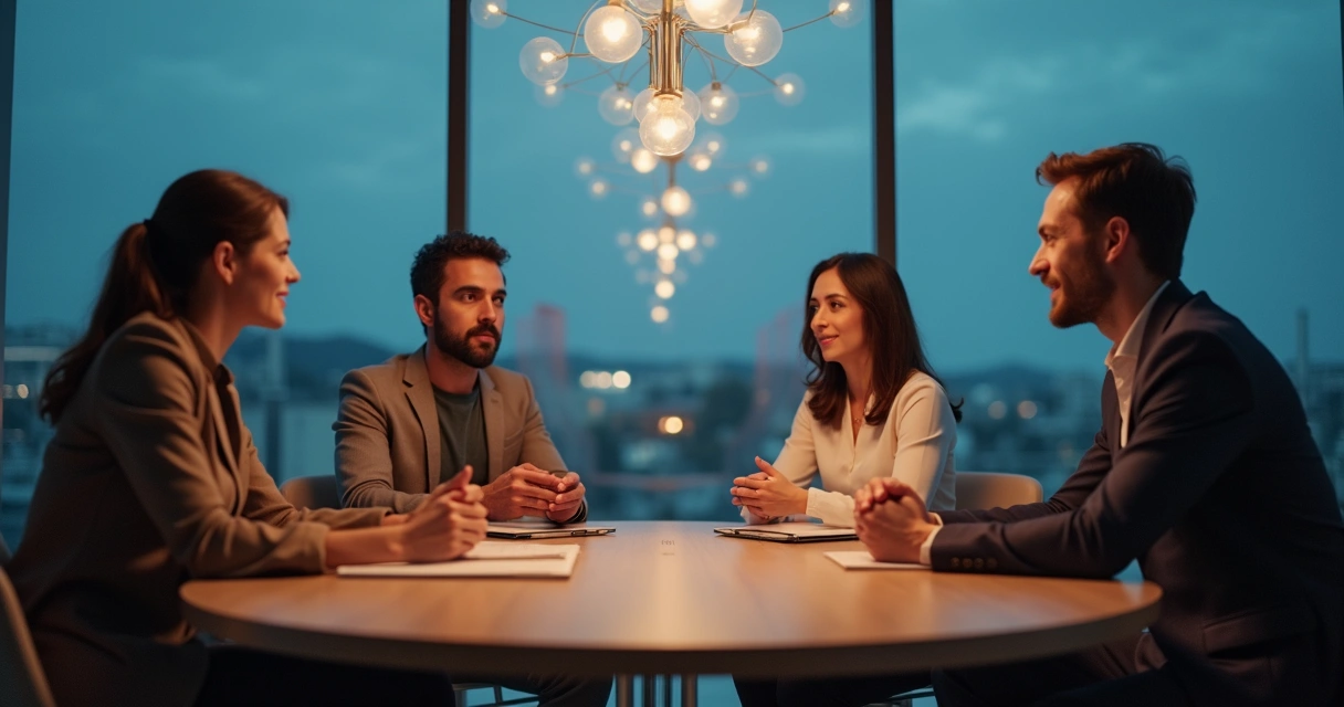 People at roundtable reflected in divided glass wall showing mirrored viewpoints 