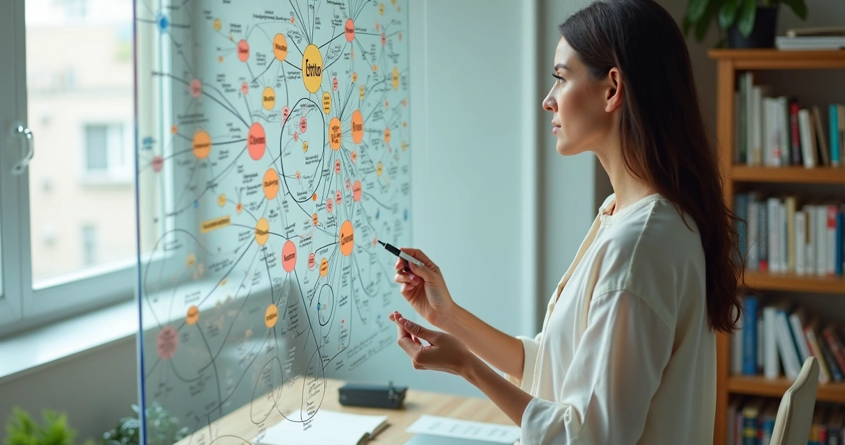 Person creating a mind map of thoughts and emotions on a glass board 