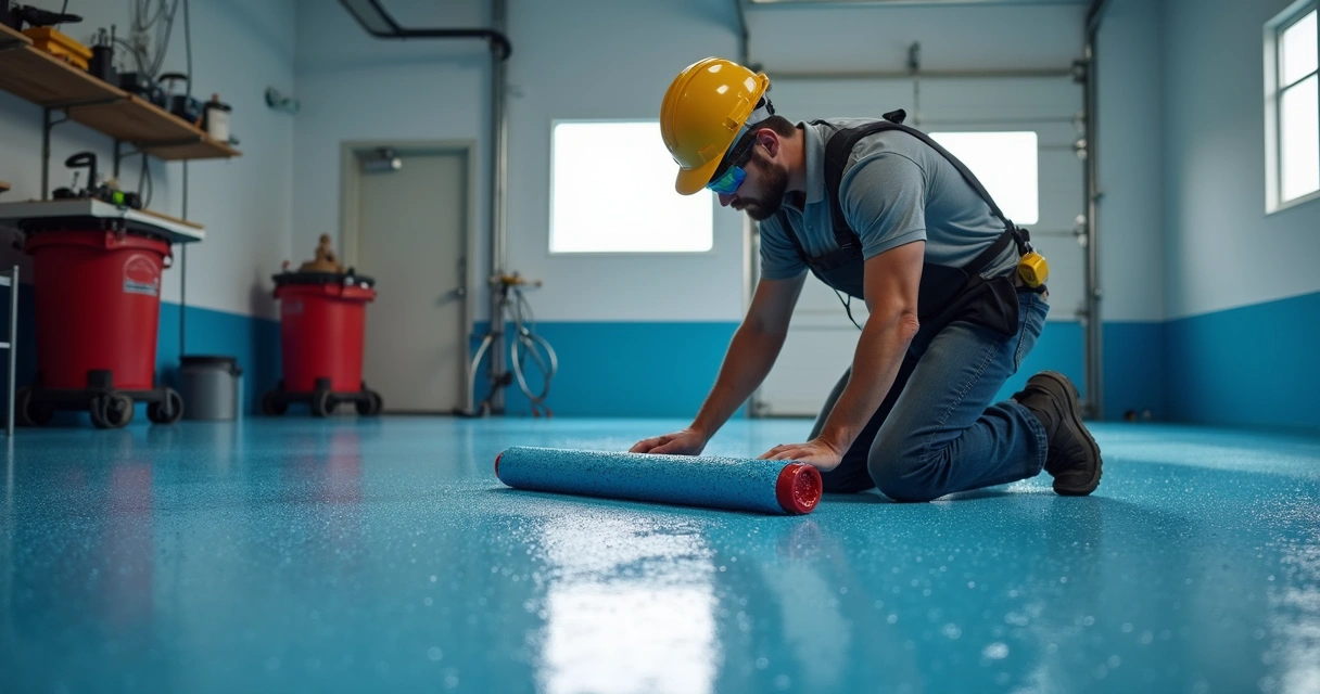 Technician applying epoxy in Florida garage 