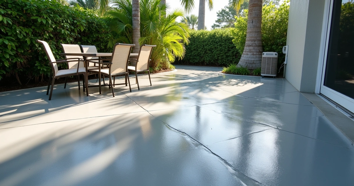 Epoxy coated patio surface, seamless and clean, in outdoor Florida setting 