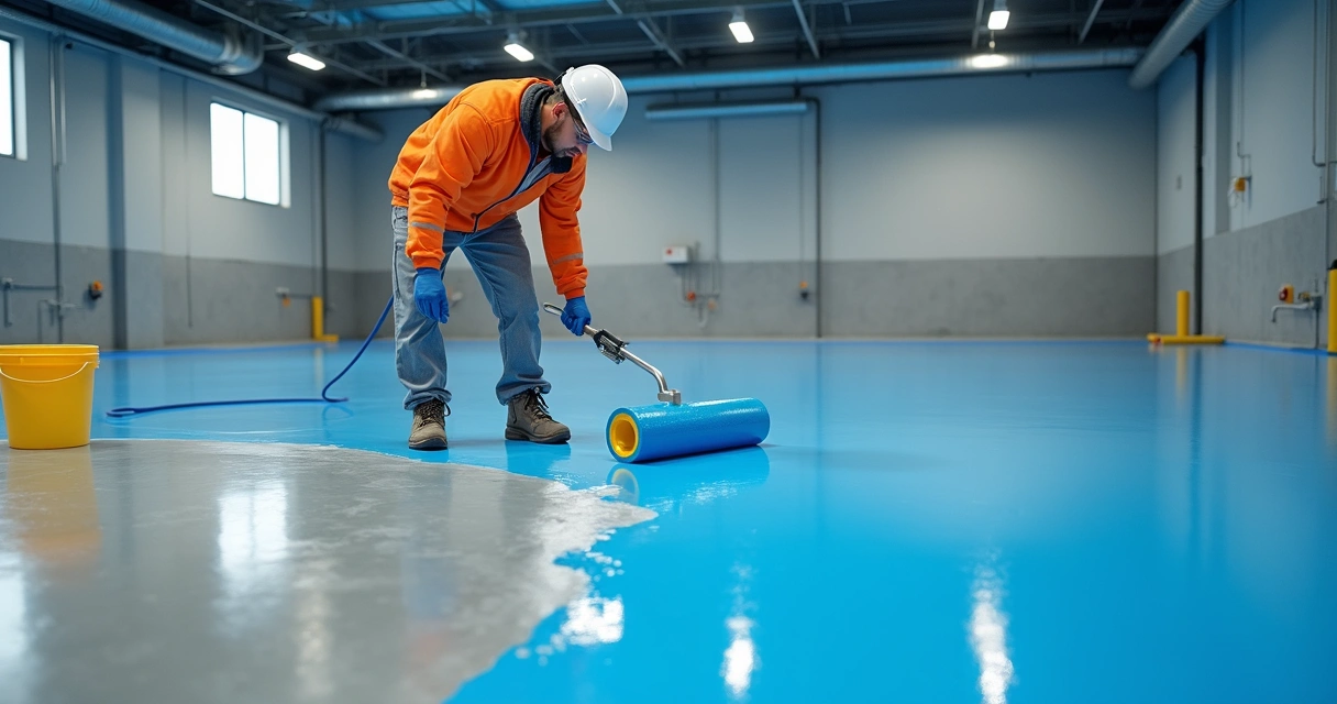 Worker applying epoxy coating on a commercial concrete floor
