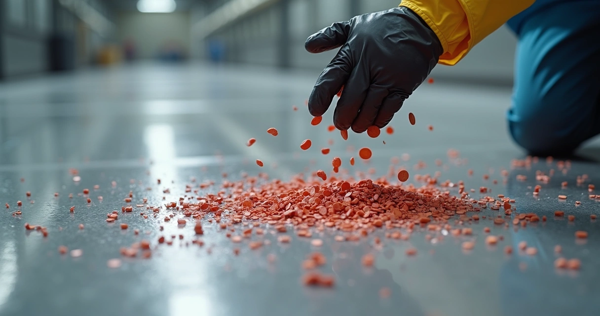 Broadcasting color chips onto wet epoxy floor