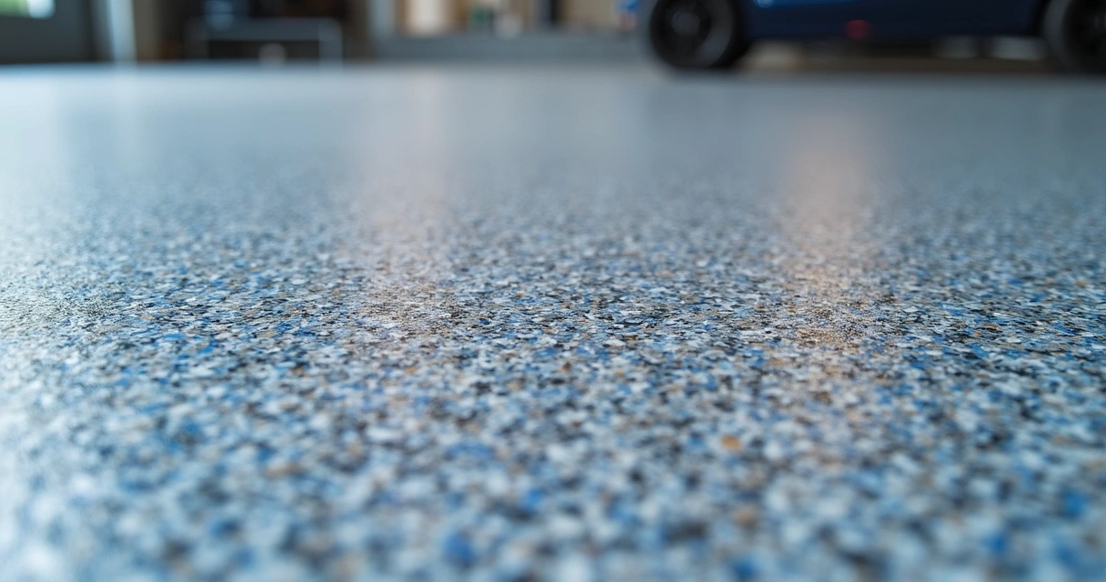 Close-up of epoxy flake blend on a freshly finished garage floor 