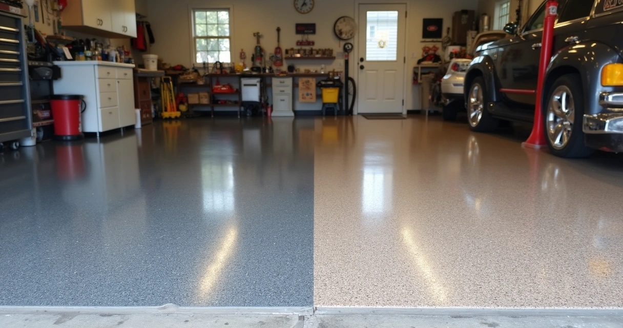 Epoxy floor half resurfaced showing glossy and dull sections 