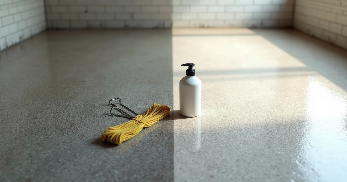 Split image of dirty and cleaned epoxy floor in Florida garage 