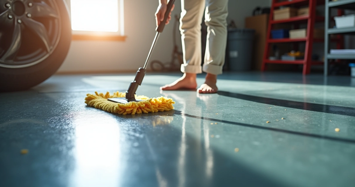 Person cleaning an epoxy garage floor with a soft mop in daylight 