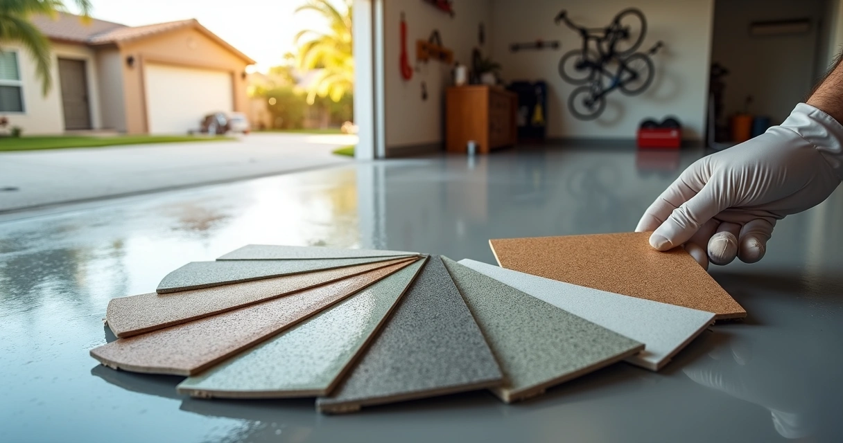 Colorful epoxy floor samples displayed on a modern garage floor 