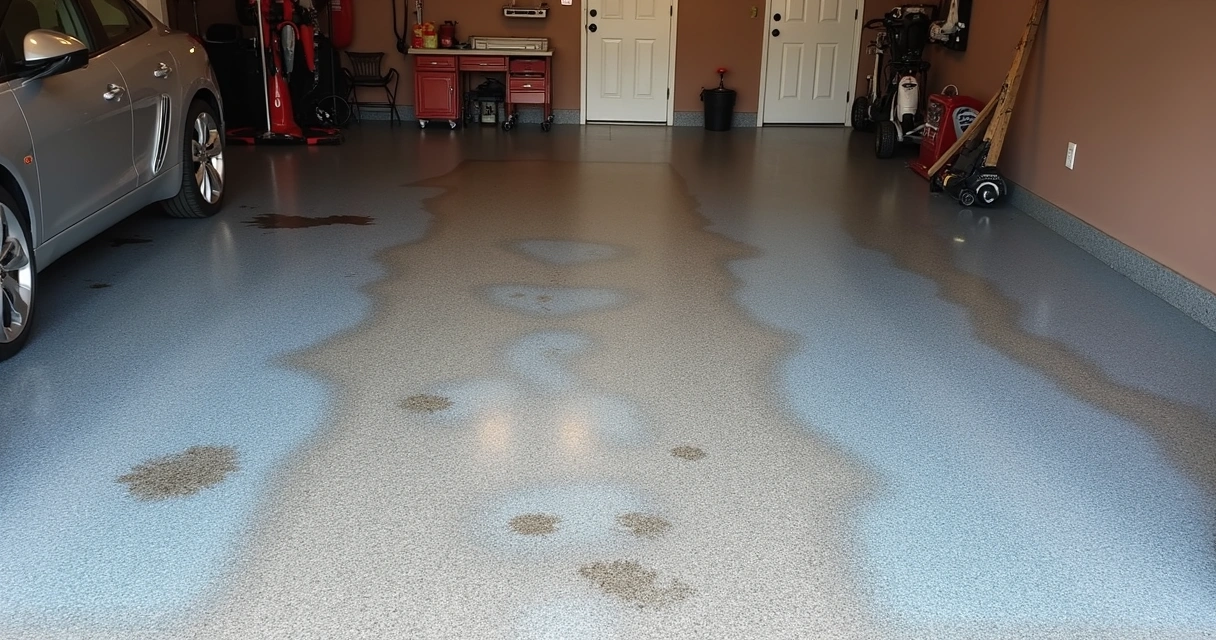Chipped epoxy garage floor from car tires and heavy tools 