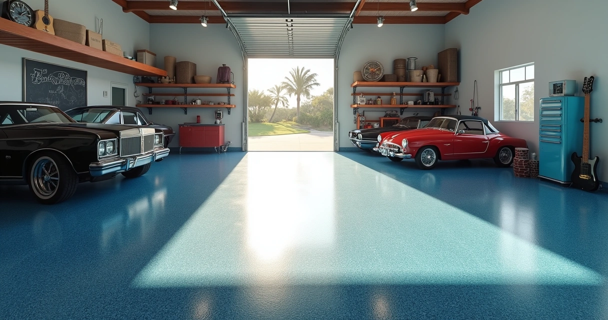 Speckled epoxy garage floor with color flakes 