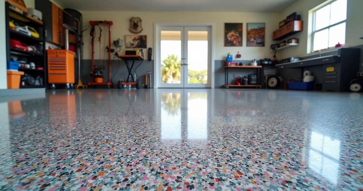Epoxy-coated garage floor in Florida with colorful flakes 