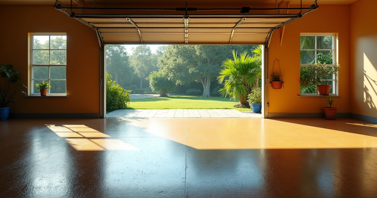 Epoxy floor near open garage door in Florida sunlight 
