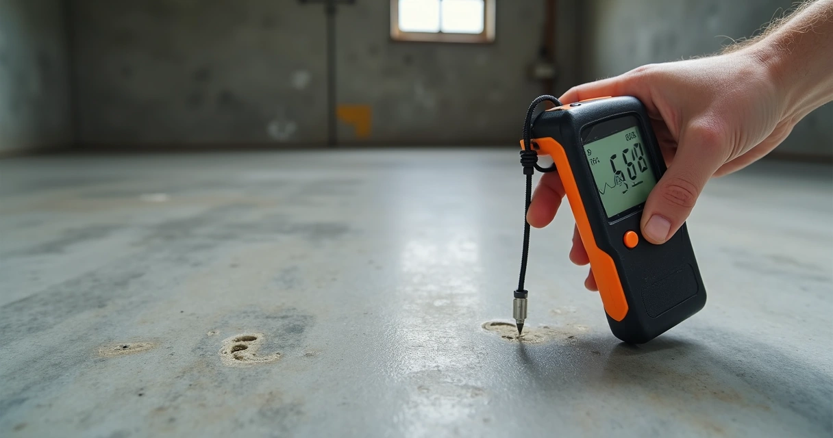 Hand holding moisture meter checking concrete floor 