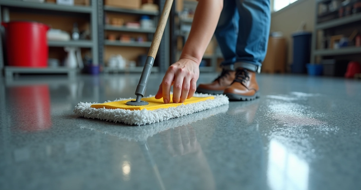 Person cleaning and caring for epoxy garage floor 