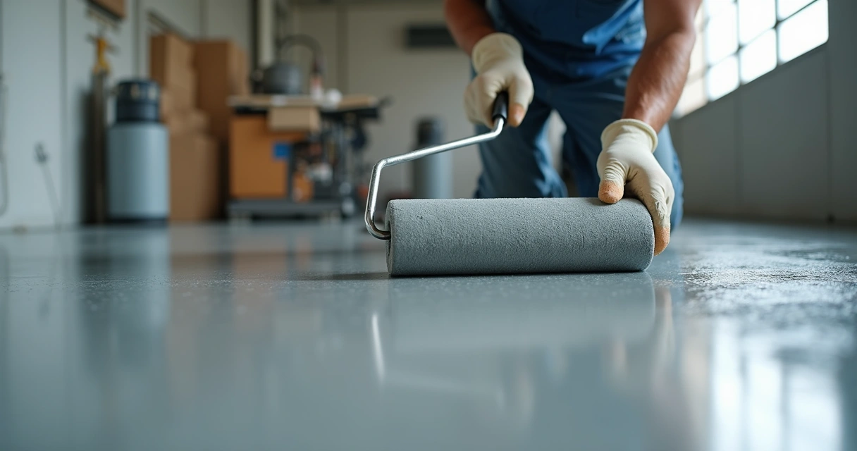 Epoxy floor application with roller and clean workspace