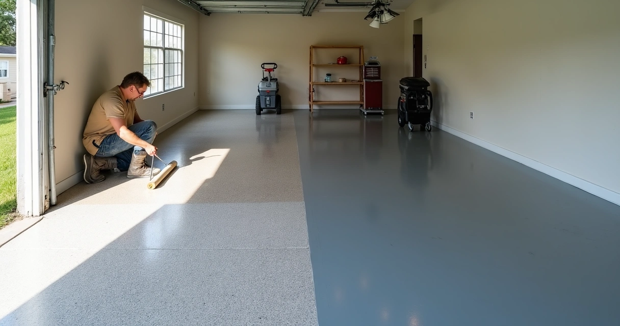 Professional resurfacing of worn epoxy garage floor in Orlando home 