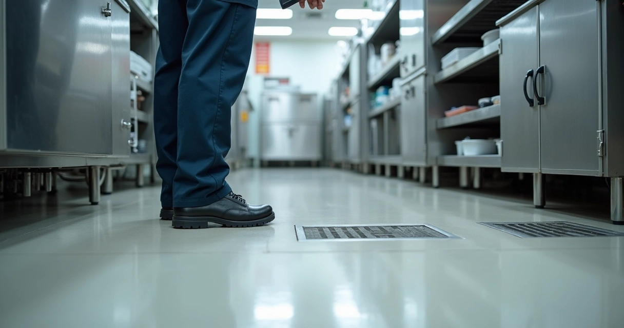 Kitchen inspector viewing new epoxy floor with checklist