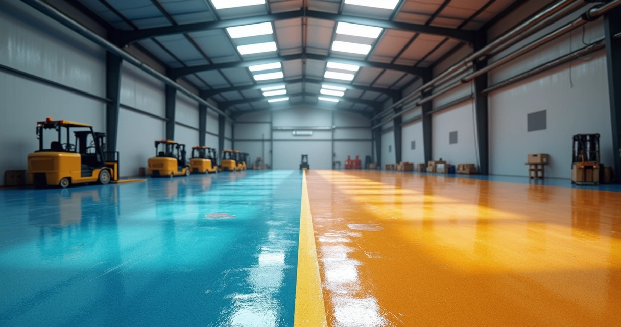 Side-by-side comparison of a commercial floor with epoxy coating and a painted floor