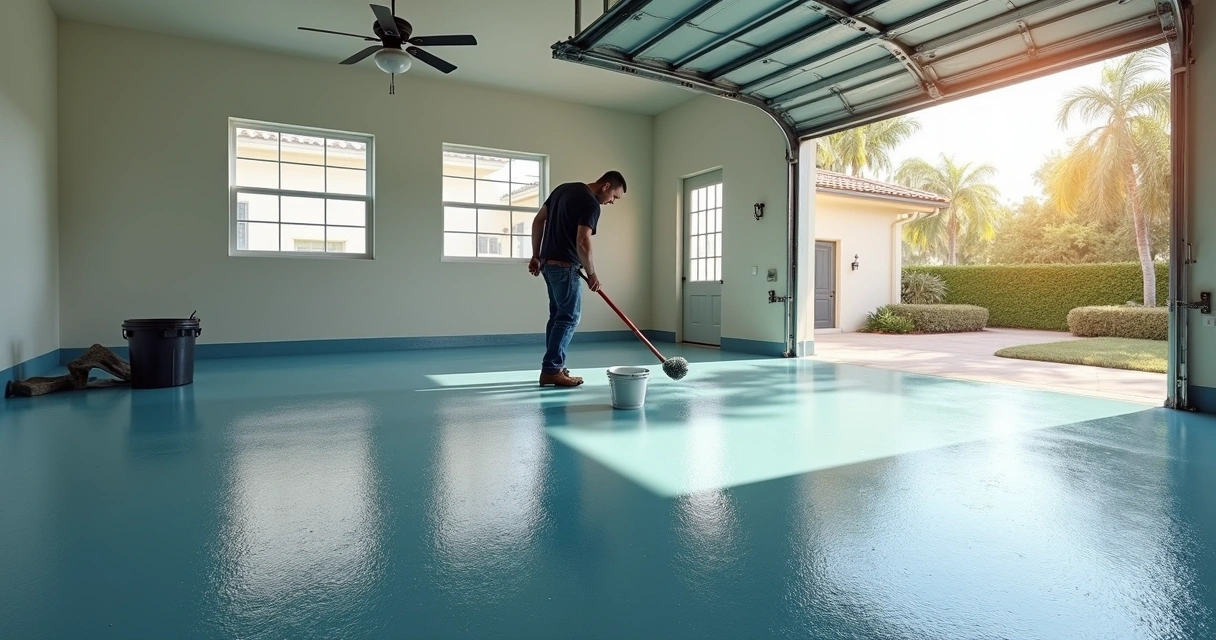 Professional applying epoxy coating on a bright, clean garage floor in humid Florida home 