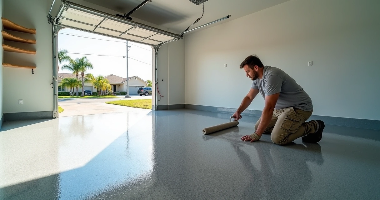 Professional installing epoxy floor coating in a clean Orlando garage 