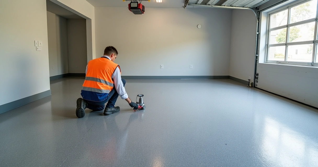 Technician testing slip resistance on epoxy garage floor in Orlando home 