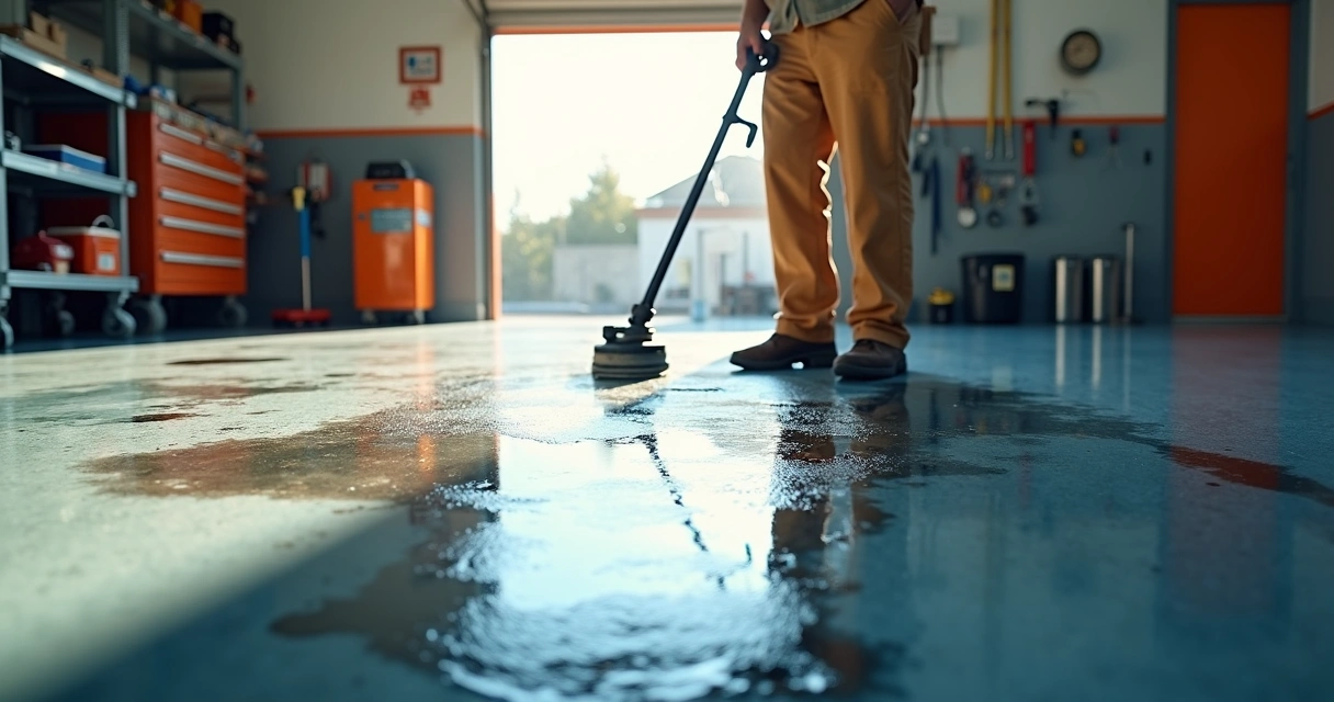 Central Florida garage floor epoxy with oil and chemical stains being repaired 