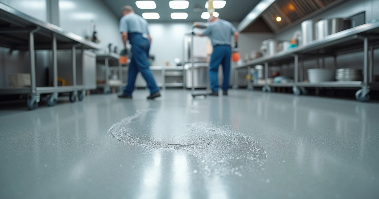 Epoxy flooring application in a large commercial kitchen