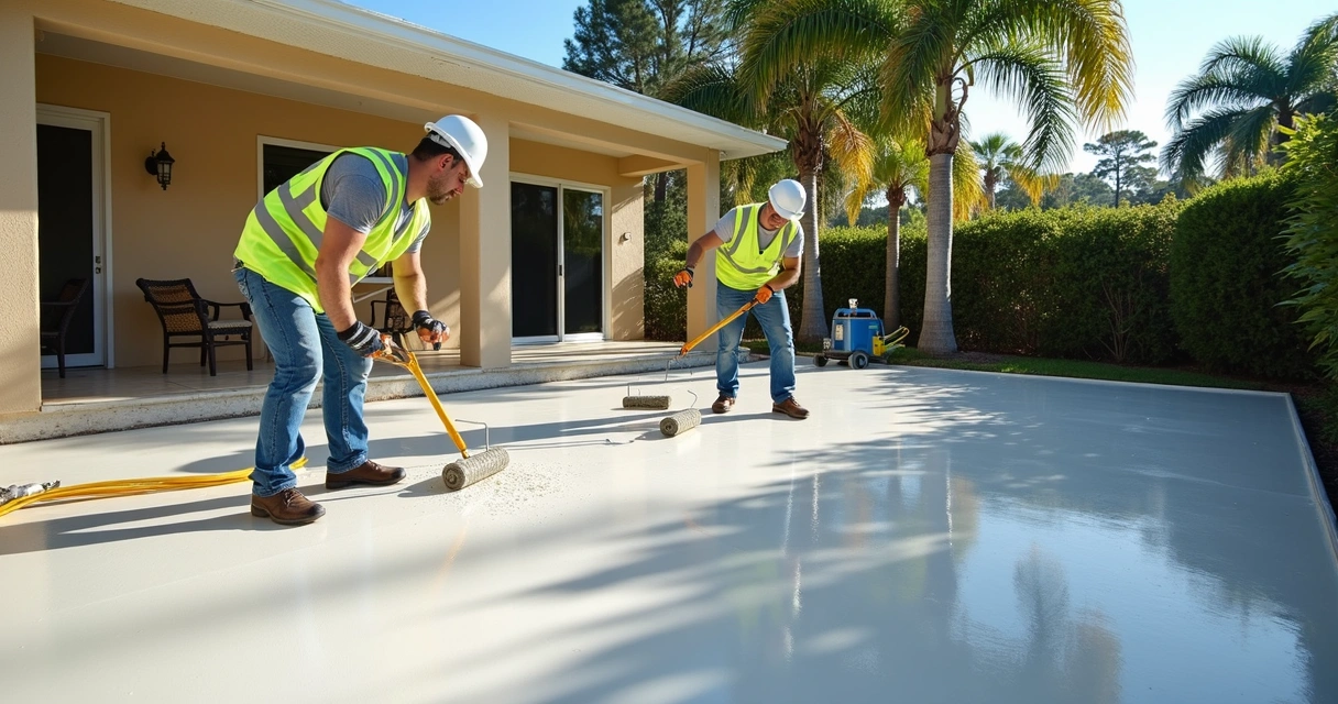 Contractors applying UV-stable epoxy on patio Central Florida 