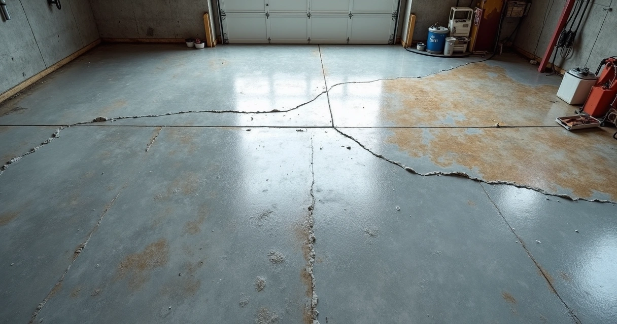 Epoxy floor peeling showing bubbles and chips on a garage floor 