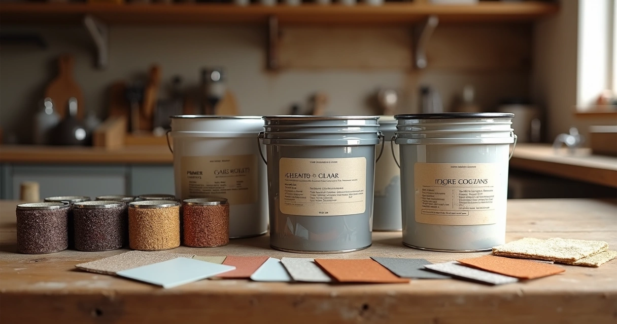 Various epoxy products and color swatches displayed for floor coatings 