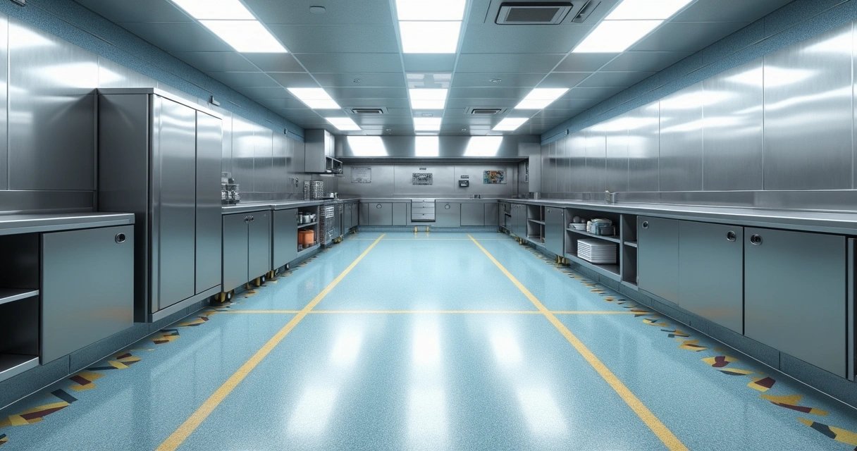 Slip-resistant commercial epoxy floor in bright kitchen setting