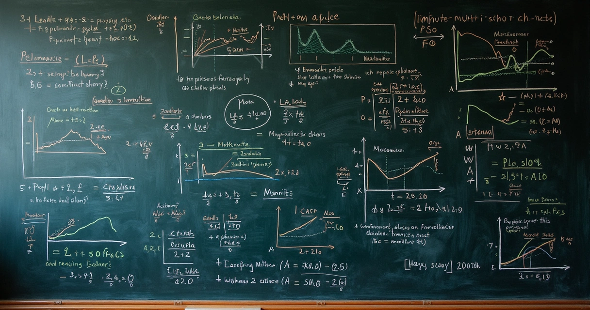 Quadro negro com fórmulas matemáticas famosas em finanças como Black-Scholes e Markowitz 