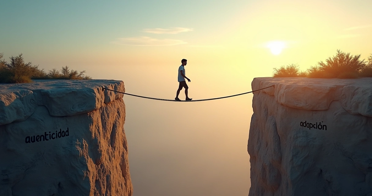 Persona caminando en cuerda floja entre dos rocas que representan autenticidad y adaptación