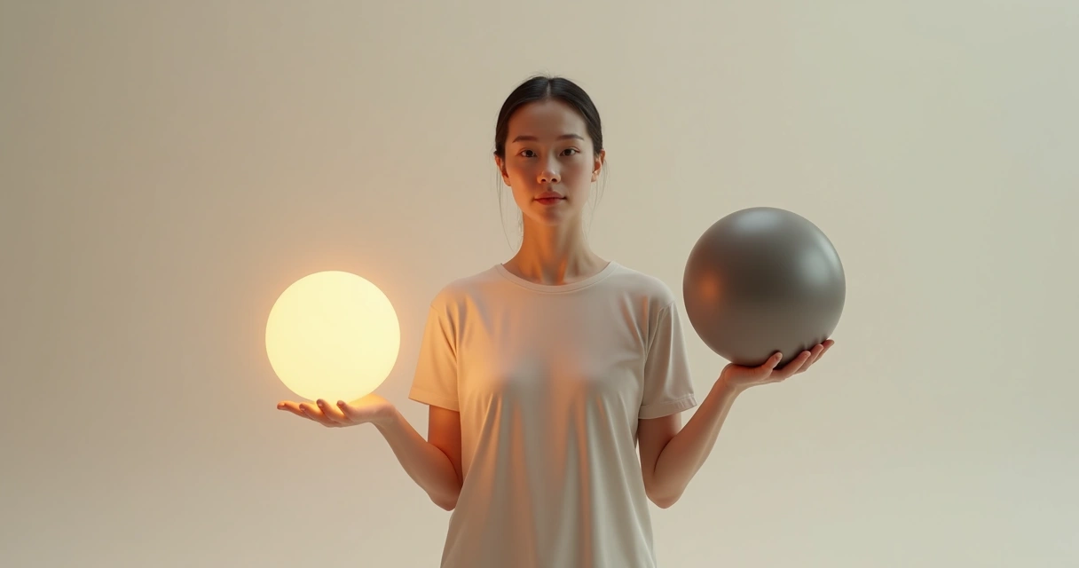 Persona en fondo neutro equilibrando dos esferas, una brillante y una opaca. 