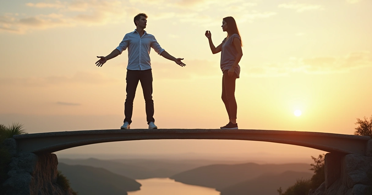 Duas pessoas em uma ponte, uma sendo sincera, outra se adaptando 