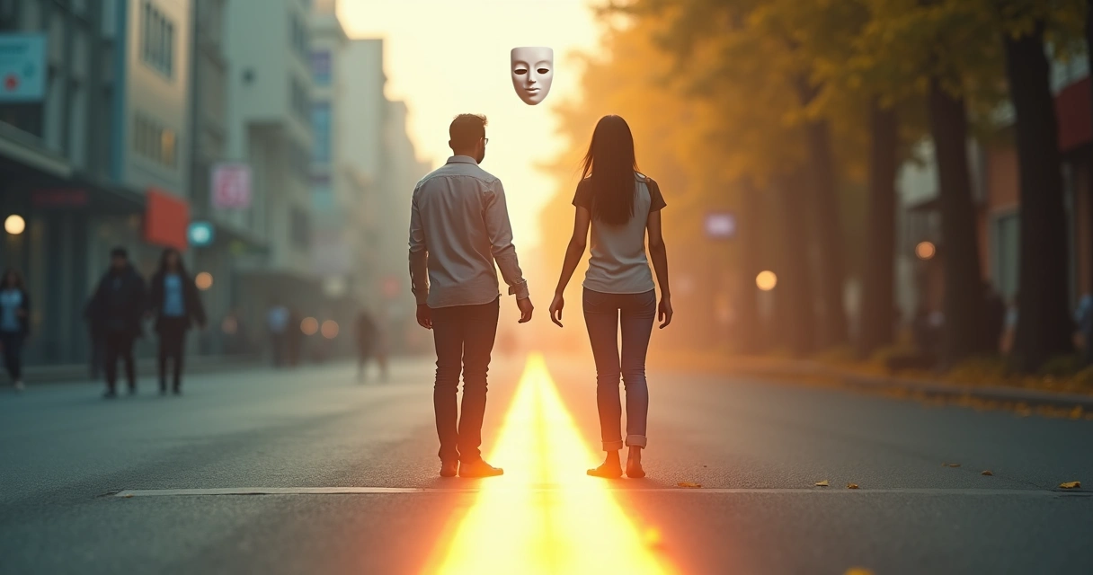 Pessoa em pé sobre linha entre máscara social e rosto verdadeiro 