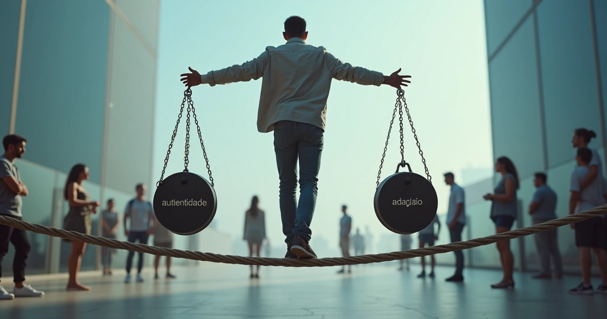 Pessoa caminhando sobre uma corda bamba equilibrando dois pesos 