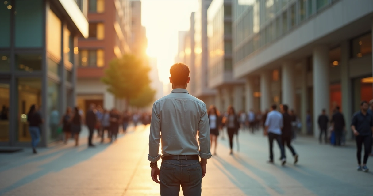 Pessoa em encruzilhada urbana entre caminho colorido e caminho cinza buscando equilíbrio interior 
