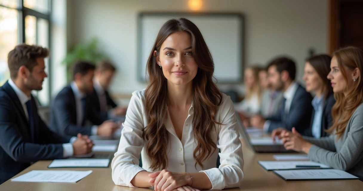 Pessoa sentada em uma mesa de reunião, dividida entre um grupo formal e um grupo casual, mostrando equilíbrio entre autenticidade e compromisso. 